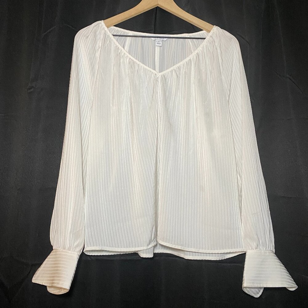 Nine West Satin Blouse Womens M Cream Stripe Button Cuffs Dressy Career Sheer EC